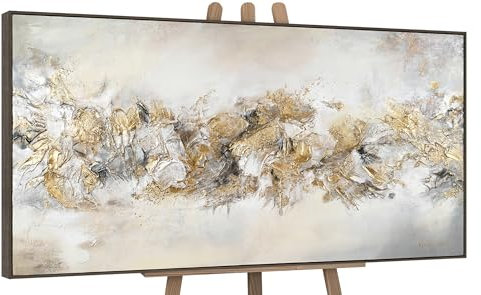 YS-Art Luxus Abstrakt Design Acryl Gemälde auf Leinwand Glückslinie handgemalt Wandbilder Wohnzimmer modern Wohndekor Bilder Büro Gold echte Kunst 200x100 cm