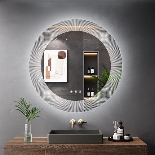Dripex 700mm Round LED Bathroom Mirror, Large Patterned Circle Backlit Makeup Mirror with Light, Anti-fog, 3 Colors Dimmable Lights, Memory Function, Wall Mounted