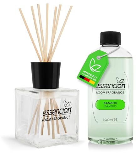 essencion Bambus Raumduft Set – Glas Diffusor + 1000ml Refill – In 14 verlockenden Düften erhältlich (Bambus Set 200ml+1000ml)