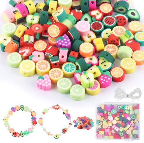 Obst Perlen Set, 150 Polymer Clay Perlen, 2 Arten von Clay Beads, Armband Perlen Set mit Aufbewahrungsbox Fur Schmuck Selber Machen
