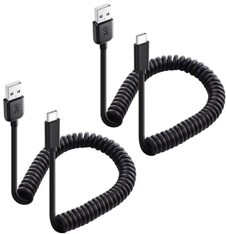 Cable Matters Confezione da 2 Cavo a spirale da USB a USB C con ricarica rapida 3A/15W 0,3-1,2 m, supporto Apple CarPlay, Android Auto, cavo a spirale da USB A a USB C, per iPhone 16 Pro Max Plus