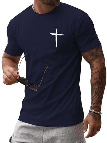 iudam Herren T-Shirts Baumwolle Rundhals Jesus Kurzarm Shirt | Jesus Kreuz Aufdruck, Casual, Slim Fit, Regular Fit, Sommer, Glaube Christus, Oberteile, Basic Tee