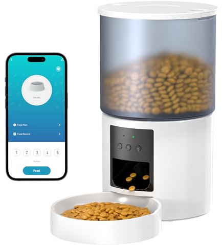 Distributeur Croquettes Chat Automatique WiFi: Gamelle Chat Automatique - Distributeurs de Nourriture pour Chiens Connecté App - Mangeoire pour Chat Enregistrement Vocal 10S Programmable Blanc 4L