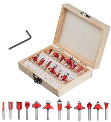 Losxuido Juego de 12 fresas para fresadora de 6 mm, mango de 6 mm, fresa de ranura, fresa de perfil, fresa superior, juego con maletín de madera para trabajar la madera (rojo)