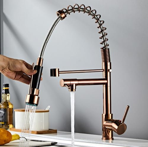 YWJFSA Mitigeur Cuisine avec Douchette Ressort Spirale Mitigeur Évier avec Deux Becs en Acier Inoxydable,Or Rose