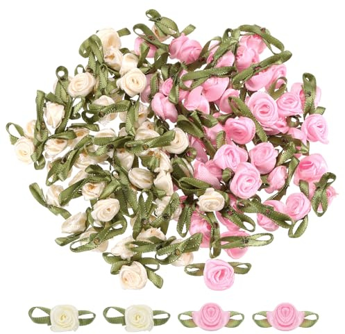 sourcing map 100 Pcs Beige/Pink Ribbon Roses 5/8 x1-3/16 Mini Roses for Sewing Appliques Crafts Little Satin Bows Roses Artificial Flowers