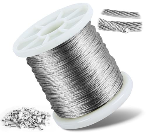 1mm Wire Rope, 304 Stainless Steel Wire Cable with Aluminum Crimping Loop, 100m Stainless Steel Hanging Cable 7x7 Cross Section for Picture Hanging, Clothes Line