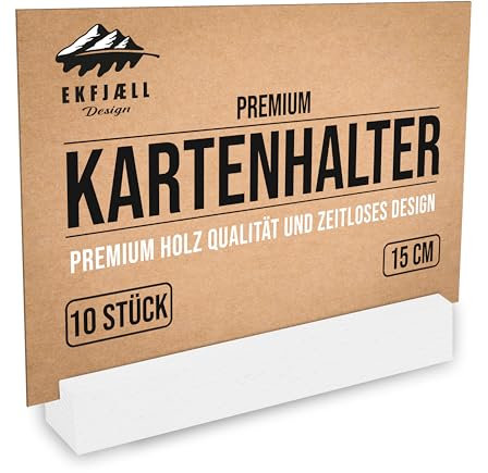 EKFJAELL Kartenhalter Holz 15 cm weiß aus massivem Buchenholz (10er-Set), schwer & stabil - als Fotohalter, Postkartenständer, Menükartenhalter, Tischkartenhalter als Hochzeitsdeko uvm.