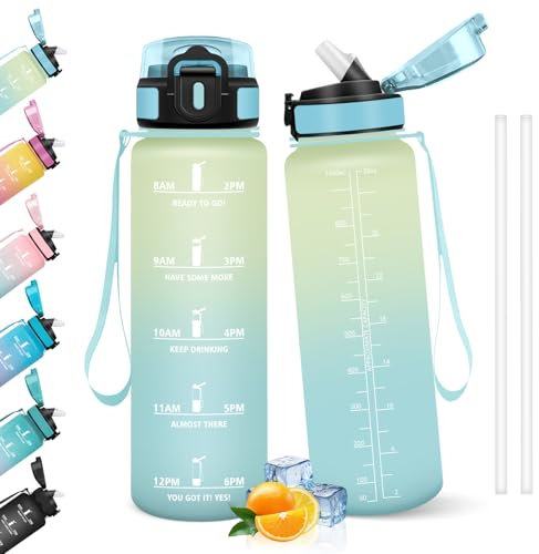 HoneyHolly Gourde 1l, Étanches, Gourde Paille, sans BPA & Réutilisable, Bouteille, Motivation Bouteille d'eau, Avec Marqueur de Temps, Water Bottle pour Gym, Ecole, Cyclisme, Plein air, Sport