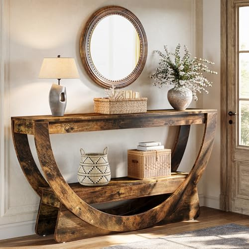 Tribesigns Tavolo consolle da 160 cm, tavolo da ingresso a 2 ripiani in stile rustico con ripiani portaoggetti, tavolino decorativo in legno per corridoio, soggiorno, ingresso, atrio (marrone scuro)
