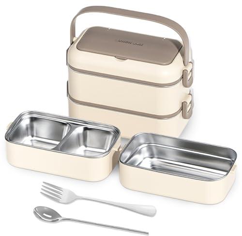 PORFOYO Bento Lunchbox, 2 Etagen Lunchbox mit Fächern und Besteck Bento Box Brotdose Erwachsene, Bentobox, Brotbüchse Vesperdose, Bento Box für Erwachsene, Mikrowellen und Spülmaschinenfest