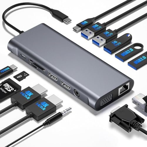 ARA INDIA USB C Docking Station 14-in-1, Dual 4K HDMI @30Hz + VGA, 100W PD, Gigabit Ethernet, USB 3.1 10Gbps, SD/TF Card Reader for MacBook, Dell, HP, Windows Laptop