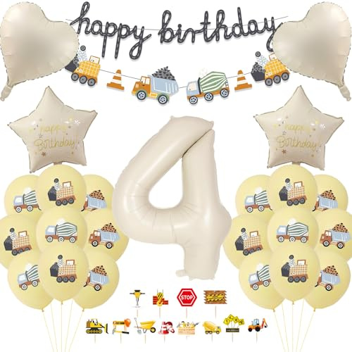 ALEGRE Bagger Geburtstag Deko 4 Jahre, Baustellen Deko 4. Geburtstag Junge, Geburtstagsdeko 4 Jahre Set mit Bagger Luftballon,Tortendeko,Happy Birthday Girlande, Baustellen Deko Kindergeburtstag Party