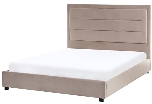 Beliani Velvet Bed with a Headboard EU Double Size 4ft6 Upholstered Taupe Rouen