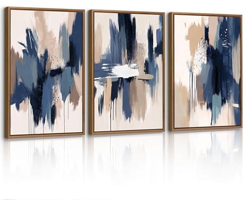 3 Pcs Abstrakt Leinwand Bilder mit Rahmen Set, Minimalistisch Beige Blau Aquarell Landschaft Wandbilder Nordisch Modern Neutral Bild Auf Leinwand Poster Deko für Wohnzimmer Schlafzimmer Büro 40X60cm