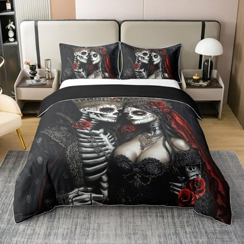 Exotisches Schädelpaar Baumwolle Bettwäsche 155x220cm Vintage bettbezug Set Retro Gothic Bettwäscheset Spooky Ethnic Stamm Knochen Rote Rose bettset Viktorianische Antike Dekor Halloween Dekor