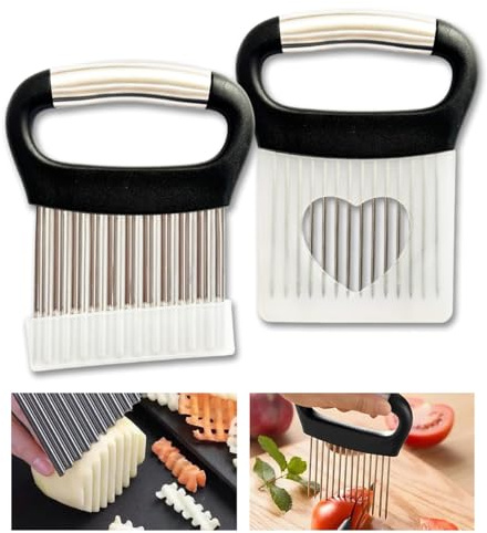 WWYSSZ 2 Pezzi Taglia Patate Ondulato e Forchetta Taglia Cipolla, Coltello Ondulato, Porta Fette di Cipolla in Acciaio Inox, con Copertura Protettiva, per Cipolla, Verdura, Patate, Carne, Pomodori