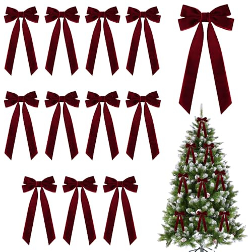 MiOYOOW Christmas Tree Bow, 12PCS Christmas Velvet Bows Multi Functional Soft Bow Decorations for Xmas Thanksgiving Home Party Wedding Ornaments Present