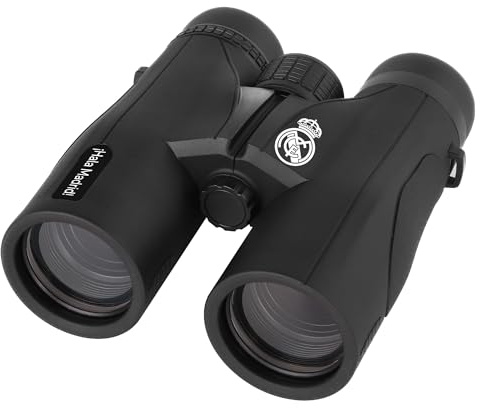 Real Madrid Fernglas 10x42, kompaktes Dachkant-Fernglas mit 10-facher Vergrößerung, Sehfeld 96 m/1000 m, Dioptrienausgleich, gummiertes Gehäuse, Real Madrid Design