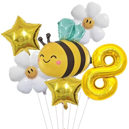 Geburtstagsdeko 8 Jahr Mädchen mit Biene Gänseblümchen Folienballon, Deko 8. Geburtstag Mädchen Junge, Gold Luftballon 8. Geburtstag Deko Set mit Zahl 8 Ballon, Geburtstage Mädchen Deko Geschenk Party