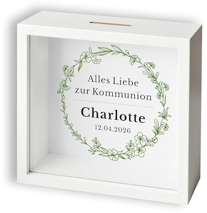 Personalisierte Spardose zur Kommunion mit Name & Datum | Geldgeschenk zur Erstkommunion – Holz Spardose weiß – Geschenk für Mädchen & Jungen