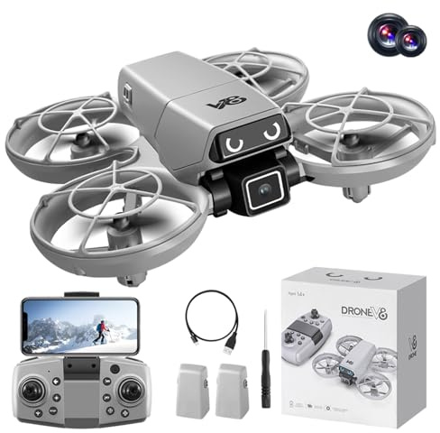 Mini RC Drohne mit Kamera, Propellerschutz, LED-Augenlichter, Hindernisvermeidung, optische Positionierung, 90° Kamera, Höhenhaltung, 360° Flip, Headless Mode, 2 Akkus, perfekt für Anfänger. (Weiß)