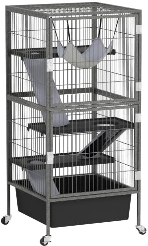 PawHut Kleintierkäfig 4-stöckig für Frettchen 52 x 52 x 115 cm Grau | Nagerkäfig, Anhebbarem Tablett, Frettchenkäfig, Rampen, Hängematte, Rollen, Plattformen, für Chinchillas Eichhörnchen