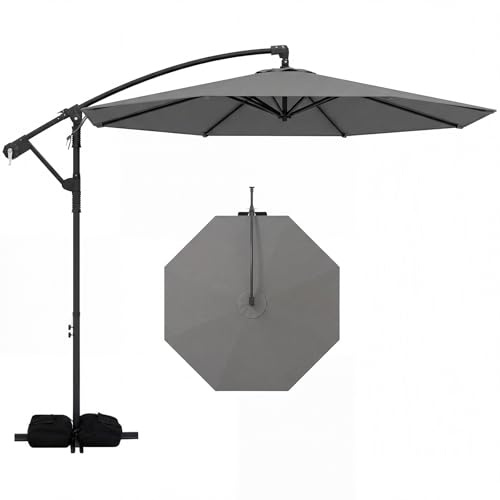 COSTWAY Sombrilla Terraza Exterior con Base, Parasol Excentrico con 8 Varillas de Metal, Rotación de 360°, Manivela, Base en Cruz y Sacos de Arena, Sombrilla Jardín Grande (300 x 300 cm(sin Luz),Gris)
