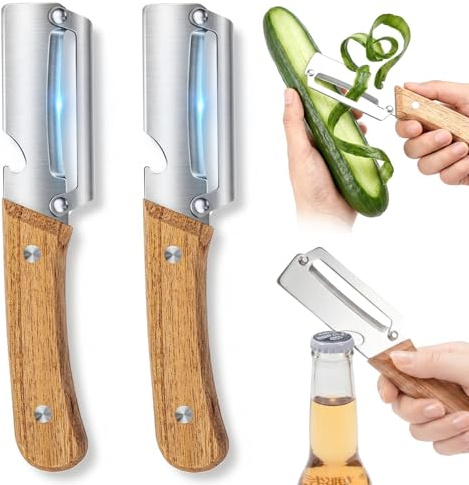 2PCS Multi-Functional Vegetable Peeler for Kitchen with Bottle Opener | Ultra-Sharp Stainless Steel Blade and Ergonomic Wooden Handle, Peels Potatoes, Carrots, Pumpkins