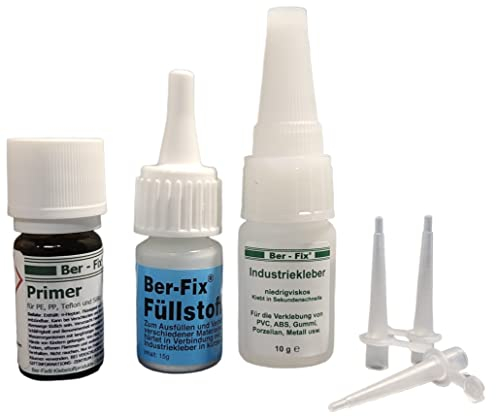 Ber-Fix Schweißnaht-Set XS Primer & Füllstoff für Kunststoff, PVC, ABS, GFK, Metall, PE, PP, Silikon 10g Kleber + 15g Granulat, 5ml Primer Inkl. 3 Spitzen