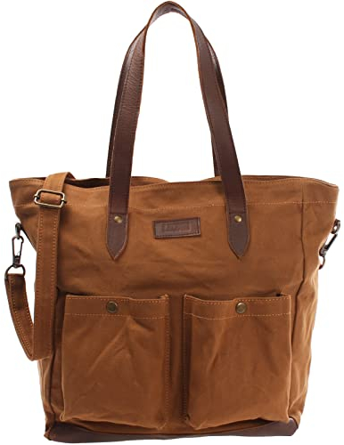 LECONI XL Shopper aus Canvas & Leder Vintage-Style Weekender Umhängetasche große Damen Tasche unisex Schultertasche Handgepäck-Tasche Beuteltasche 35x39x20cm LE0040-C, Cognac / Braun, L