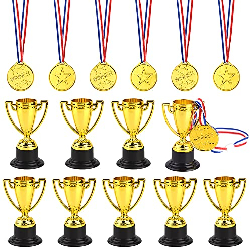 FEPITO 30 Pcs Trophées Médailles Ensemble 10 Pcs Or Trophée en Plastique et 20 Pcs Vainqueur Médailles pour Kid Party Sports Awards