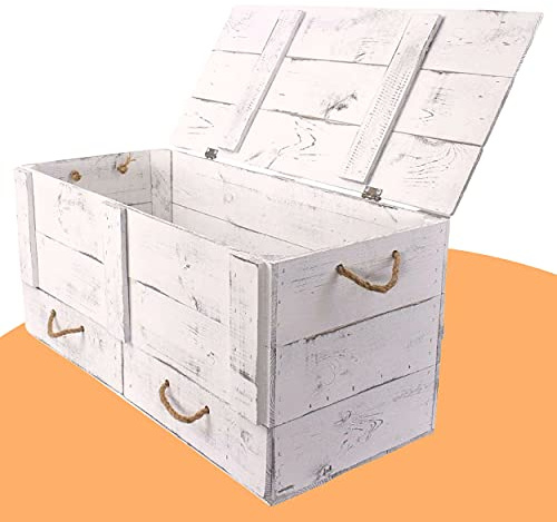 Moooble Holztruhe mit Deckel + 2 Schubladen & Kordeln | 85 x 39 x 40 cm | stabile Vintage Truhenbank zum sitzen & verstauen | Sitzbank
