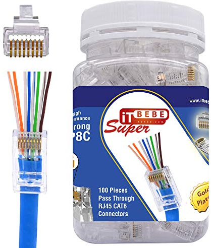 ITBEBE Pack of 100 Cat 6 Pass Through RJ45 Connectors (Cat6 RJ45 Passthrough Connectors / Cat6 Plug / RJ45 Connector) for Solid or Stranded UTP Cable
