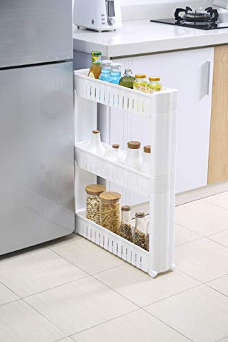 Vencier Slim Slide Out Kitchen Bathroom Trolley Rack Holder Storage Shelf Organiser on Wheels (3 Tier)