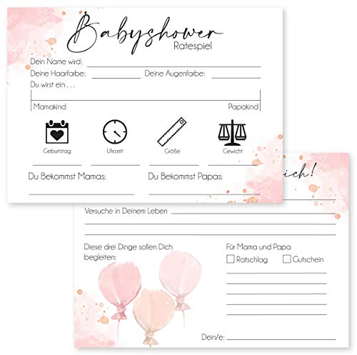 cozy racoon Babyshower Spiele Set, 5 Babyparty-Spiele (je 12 Stück) zum Ausfüllen - für Jungen und Mädchen I Persönliches Geschenk für Schwangere - Design Rosa