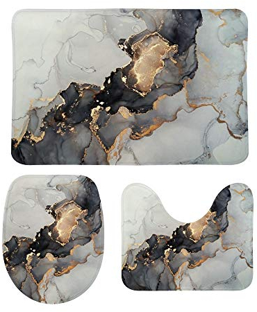 My Daily 3-teiliges Badezimmerteppich-Set, abstrakte Kunst, grauer goldener Marmor, moderne Konturmatte, WC-Deckelbezug, rutschfeste Badematte