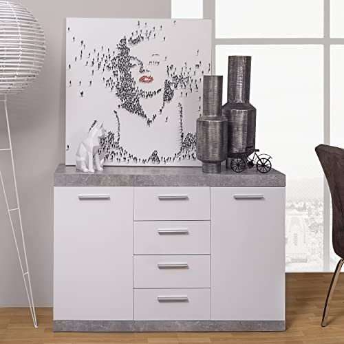 Homely - Mueble aparador de Comedor ESCANAR, Cuatro cajones centrales y Dos Puertas Laterales Color hormigón y Blanco, de 118,5x35x82 cm