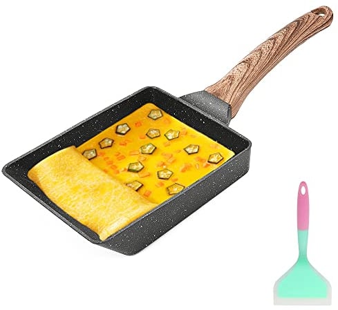 Bobikuke Padella per Omelette Giapponese, Padella Tamagoyaki con Spatola in Silicone, Padella Rettangolare per Frittata per Induzione e Gas (Nero)