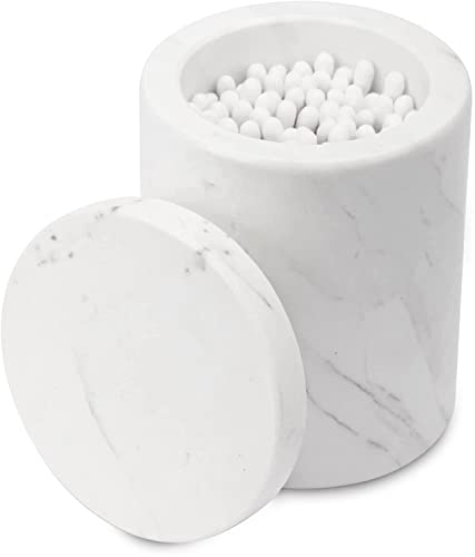 WORHE Bote de mármol con tapa, soporte natural Qtip para hisopos de algodón, bolas, almohadillas, púas de hilo dental, sales de baño, organizador de almacenamiento de maquillaje de tocador, accesorios