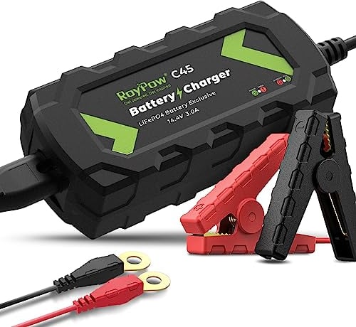 Chargeur de Batterie au Lithium 12 V LiFePO4, RoyPow Chargeur Goutte à Goutte 3 ampères avec Clip Crocodile et borne d'anneau