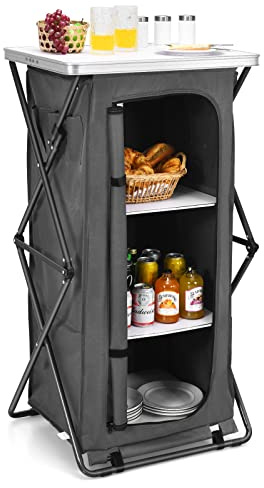 Giantex Folding Camping Storage Cabinet with 3 Shelves and Carry Bag, Portable Outdoor Organizer Kitchen Table, Quick Set-up for BBQ, Picnic, Backyard, Compact Pop-Up Cupboard, 47''H
