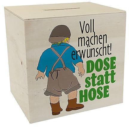 Volle Lederhose Spardose aus Holz mit Spruch - Dose statt Hose besondere Sparbüchse für echte Bayern um auf einen Wunsch zu sparen für Liebhaber von Lederhosen und Volksfesten