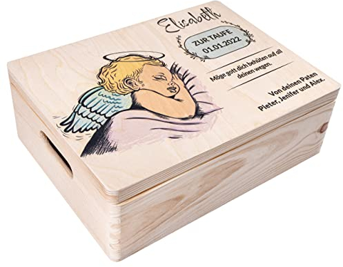 Creative Deco Personalisiert zur Taufe Geschenk für Mädchen und Junge | Mehrere Taufe Motiv | Holzkiste Erinnerungsbox Deko | Individuelle Geschenk Spielzeugkiste Holzbox mit Deckel | Spardose