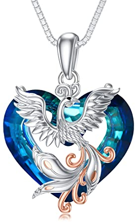 Flpruy Phönix Kette Damen 925 Sterling Silber Herz Blaue Kristall Anhänger Halskette Vogel Phönix Schmuck Kristall Geschenke für Damen Mädchen Geburtstagsgeschenke Weihnachtsgeschenke