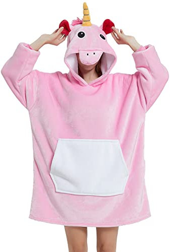 Luojida Felpa Donna con Cappuccio Animale Oversize Panda Plaid Super Morbida e Calda con Tasca Frontale Coperta con Maniche Famiglia Pigiama Pile Invernale Aldult Taglia Unica (M, Rosa)