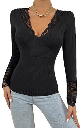 GORGLITTER Women's Floral Lace Trim Long Sleeve Tops Deep V Neck Rib Knit Top Fitted Sexy T Shirt Black M