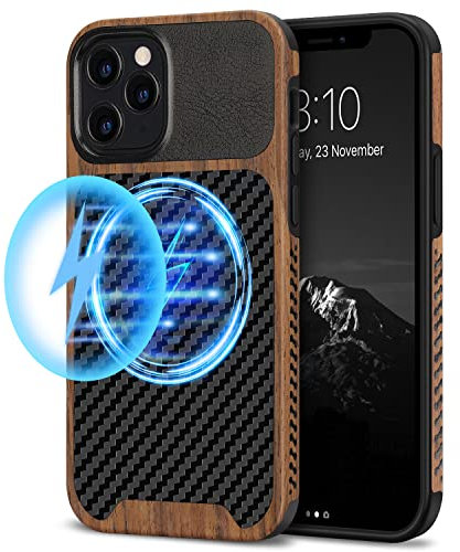 TENDLIN Magnetic Case Compatible with iPhone 12 Pro Max Case Wood Grain with Carbon Fiber Texture Design Leather Hybrid Slim Case (Compatible with MagSafe) Black