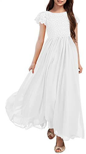 HOSIKA Mädchen Vintage Chiffon Rüschenärmel A-Linie Hochzeit Party Maxi Junior Brautjungfernkleid für Kinder 6–12 Jahre
