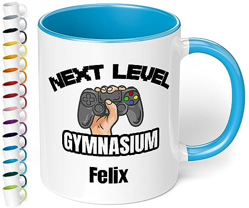 True Statements Geschenk Gymnasium für Jungen & Mädchen zum Schulwechsel 5. Klasse: Keramik-Tasse mit Namen „Next Level Gymnasium“ – Übertritt Grundschule Gymnasium Geschenk (Hellblau)